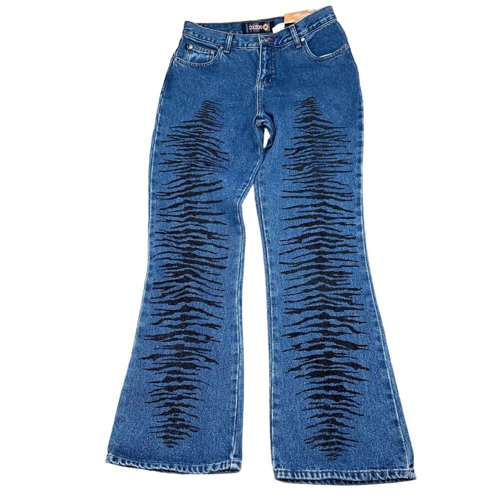 Red X Jeans Juniors 11 29Wx 31L Blue Black Tiger Stripe Glitter Bootcut Rock NWT